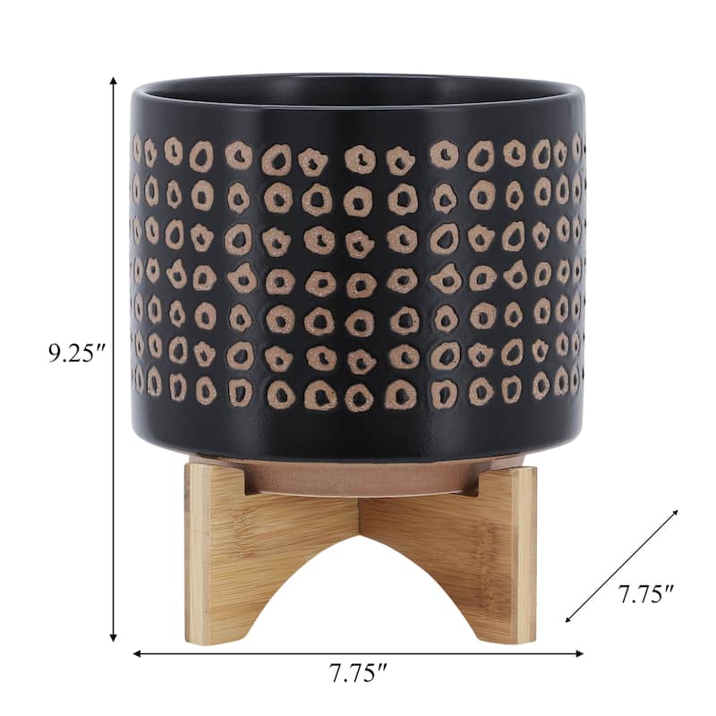 Sagebrook Home Neutral Tan and Brown Ceramic Dotted Planter with Wood Stand Indoor Outdoor