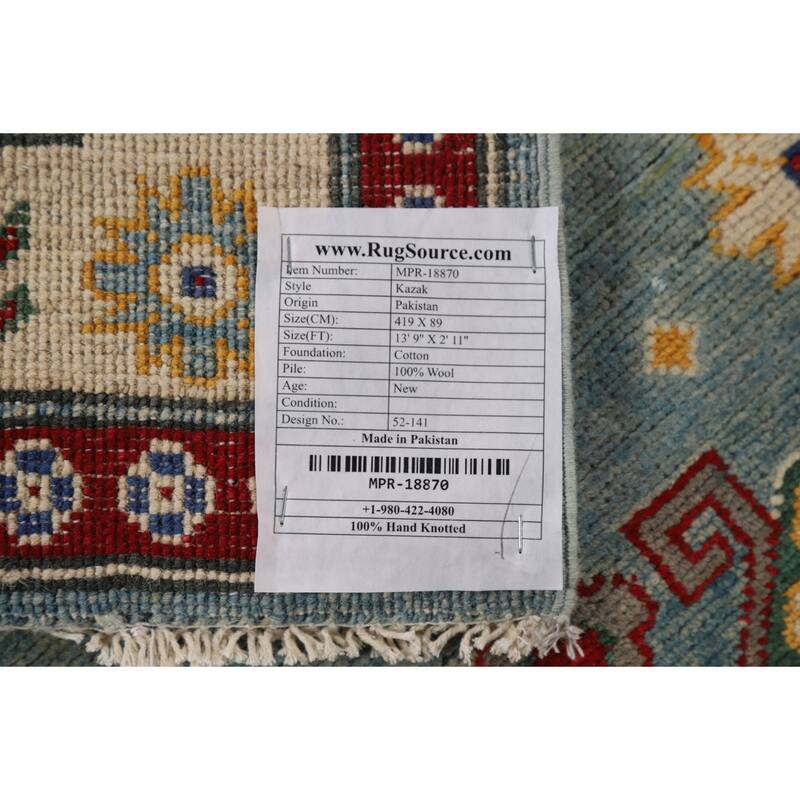 Light Blue Kazak Oriental Runner Rug Hand-Knotted Wool Carpet - 2'11" x 13'9"