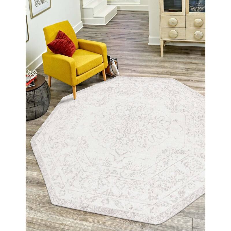Contemporary Trabzon Collection Area Rug - Cream-Gray - 7'x7' Octagon
