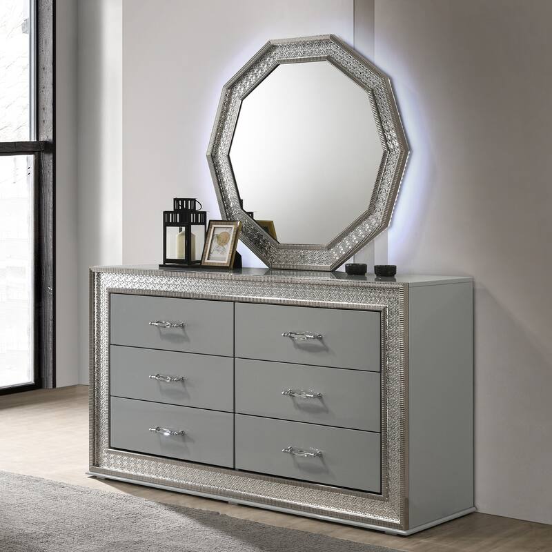 Furniture of America Isabella Glam 5-Piece Metallic Grey Gloss Queen Platform Bedroom Set