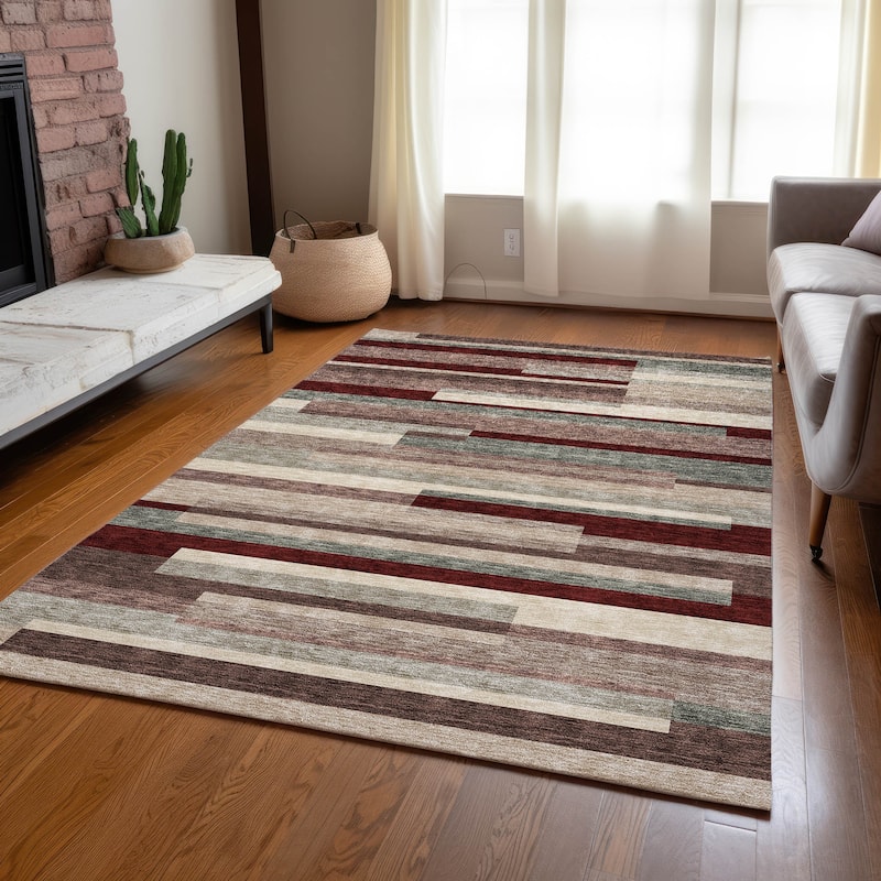 Machine Washable Indoor/ Outdoor Modern Stripes Chantille Rug
