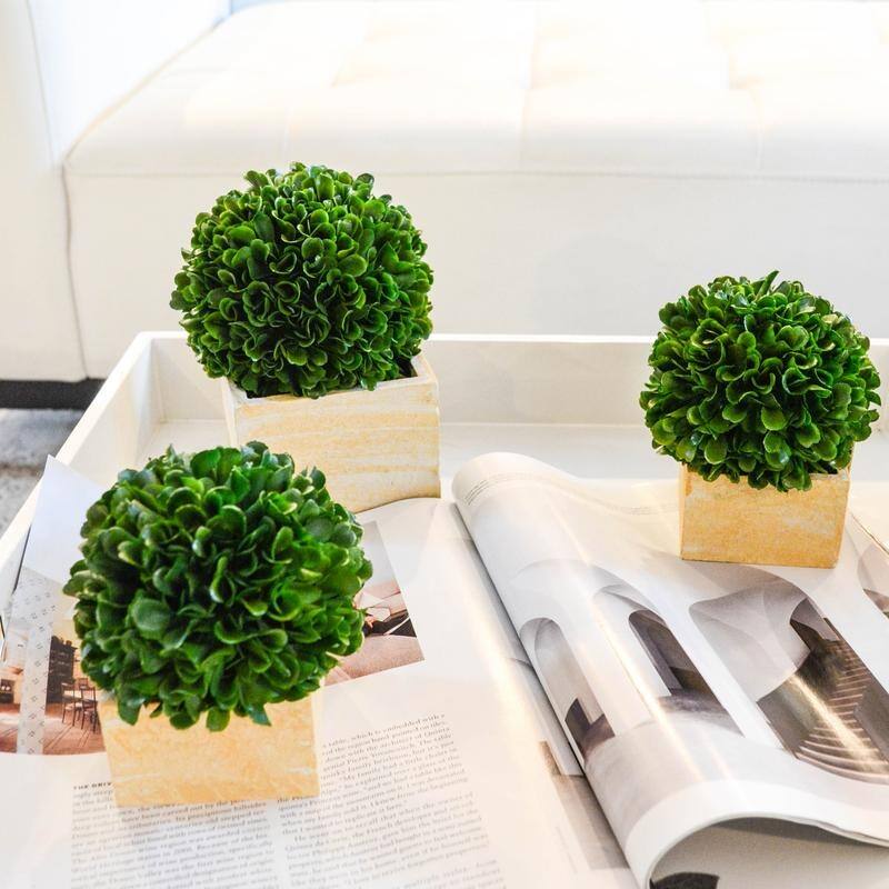 Faux Preserved Artificial Boxwood Ball Topiary Plant In Pot, Set of 3 - ABN5P008-GRN-3