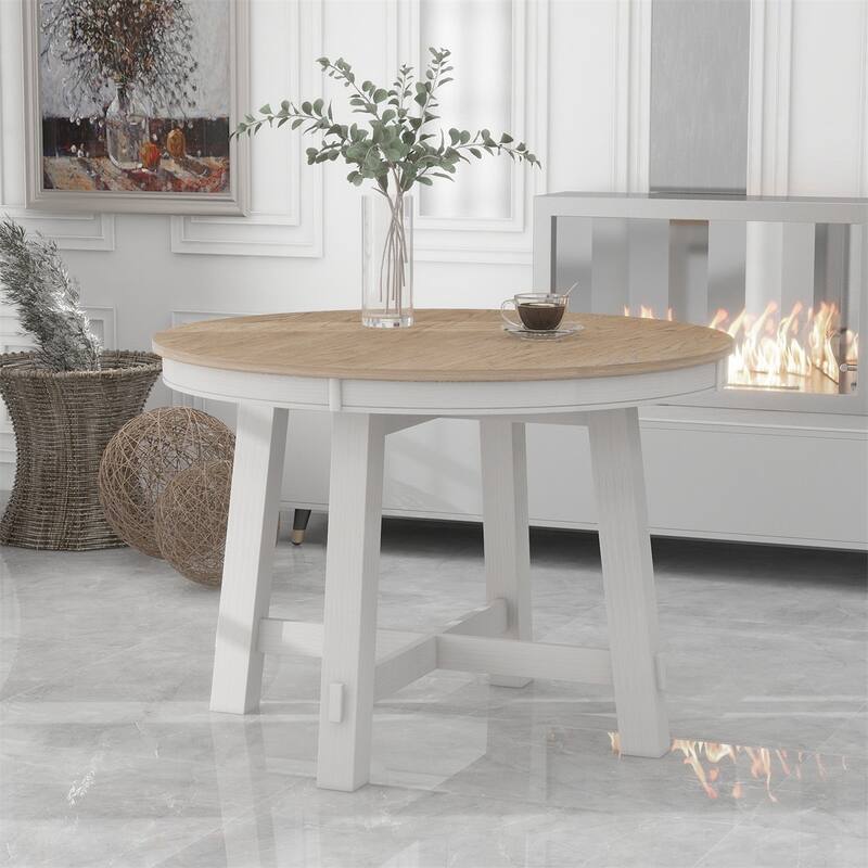 Farmhouse Solid Wood Round Extendable Dining Table with 16" Leaf