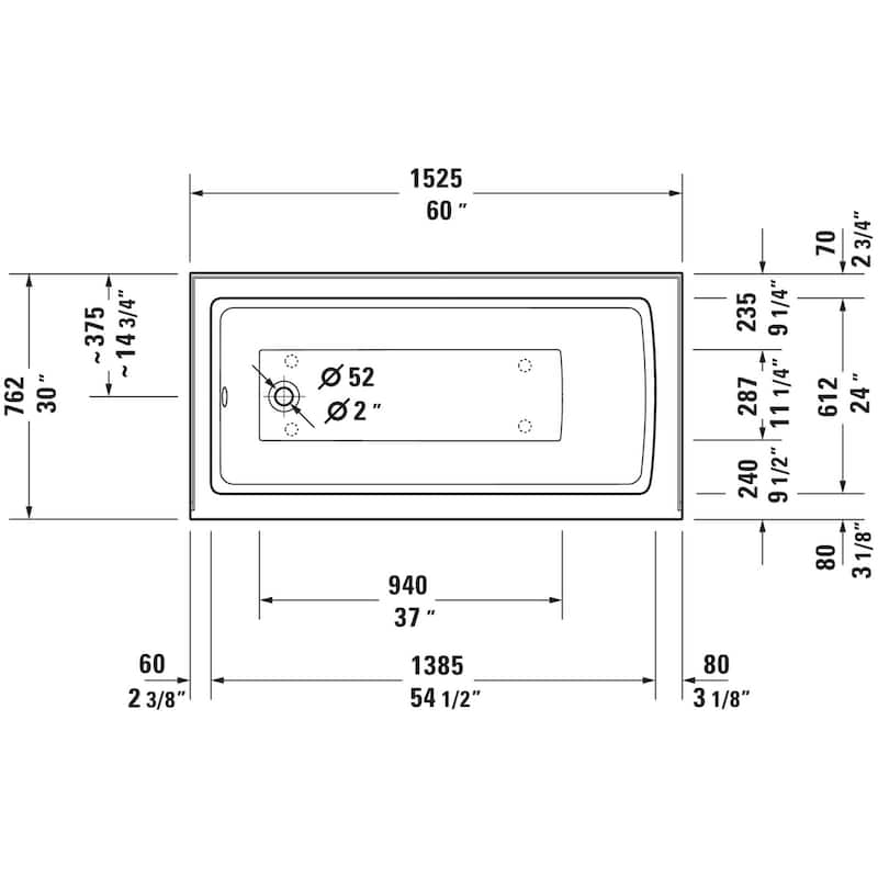 Duravit Architec 60" Alcove Acrylic Soaking Tub with Left Drain and