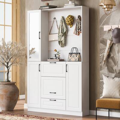 51.1" Entryway Bench with Shoe Storage - Foldable Seat, Mirror & 4 Hooks