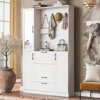 51.1"Entryway Bench with Shoe Cabinet, 3-in-1 Design and Mirrored Cabinet Door, Hall Tree with 4 Sturdy Hooks and Foldable Seat