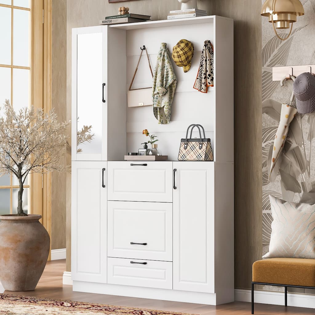 Modern Coat Rack Hallway Rack with Integrated Shoe Cabinet Mirrored Doors Entry Bench and Foldable Seat, for Entry Living Room