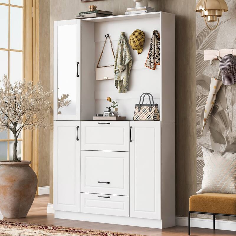 Wood Hall Tree with 4 Hooks, Entryway Bench with Integrated Shoe Cabinet Entryway Storage Cabinet with Mirrored Cabinet Door - White