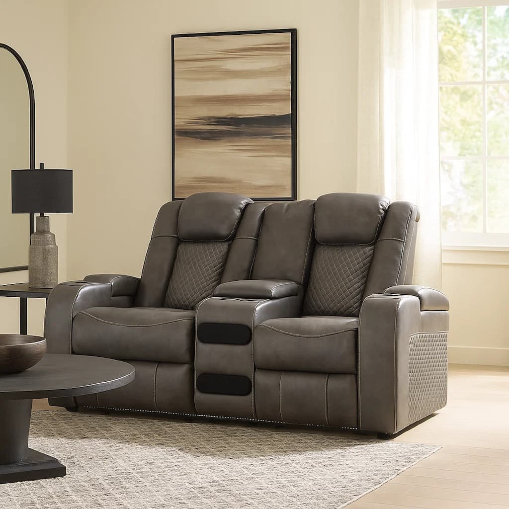 Fynne LED Power Reclining Loveseat, USB, Gray Faux Leather 74 Inch