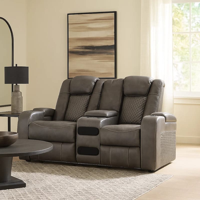 Fynne LED Power Reclining Loveseat, USB, Gray Faux Leather 74 Inch