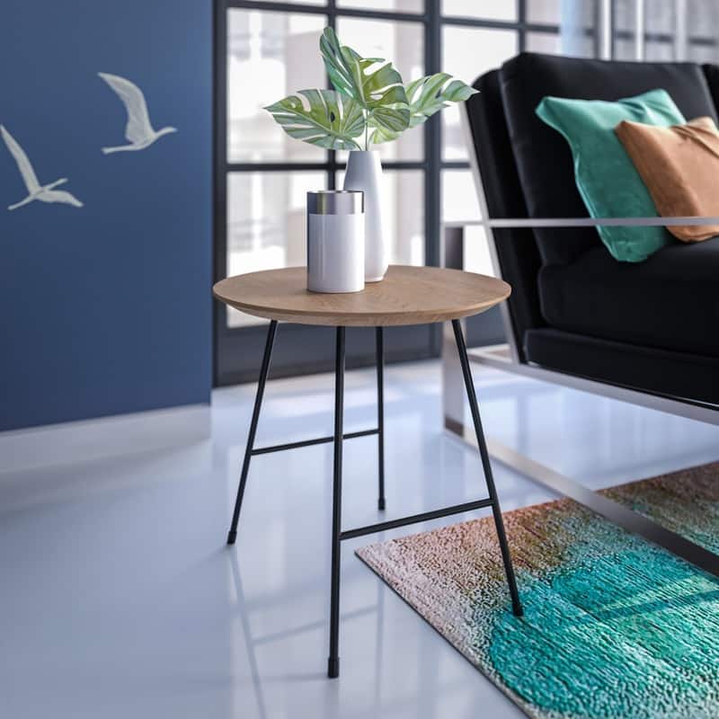 Rossmore Mid-Century Modern Round Ash Wood Veneer Side Table with Steel Frame Accent Table for Living Room, Bedroom, or Office