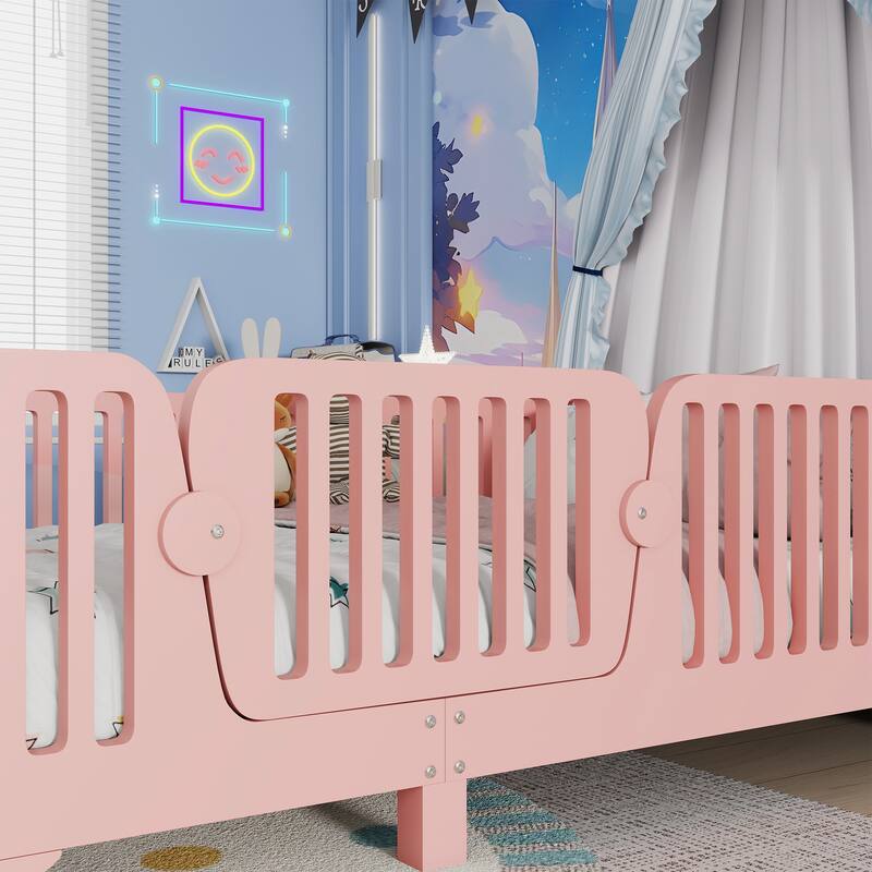 Montessori Floor Bed with Detachable Door, No Box Spring Needed, Kids Platform Bed with Slats and Fence