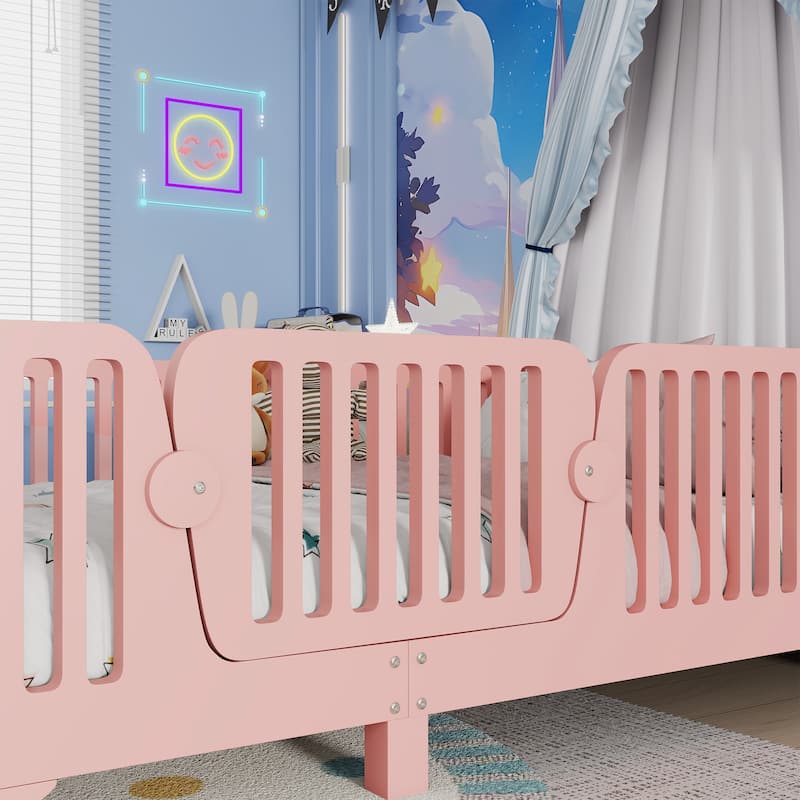 Twin Floor Bed with Slats and Fence, Twin Size Montessori Floor Beds with Door, No Box Spring Needed