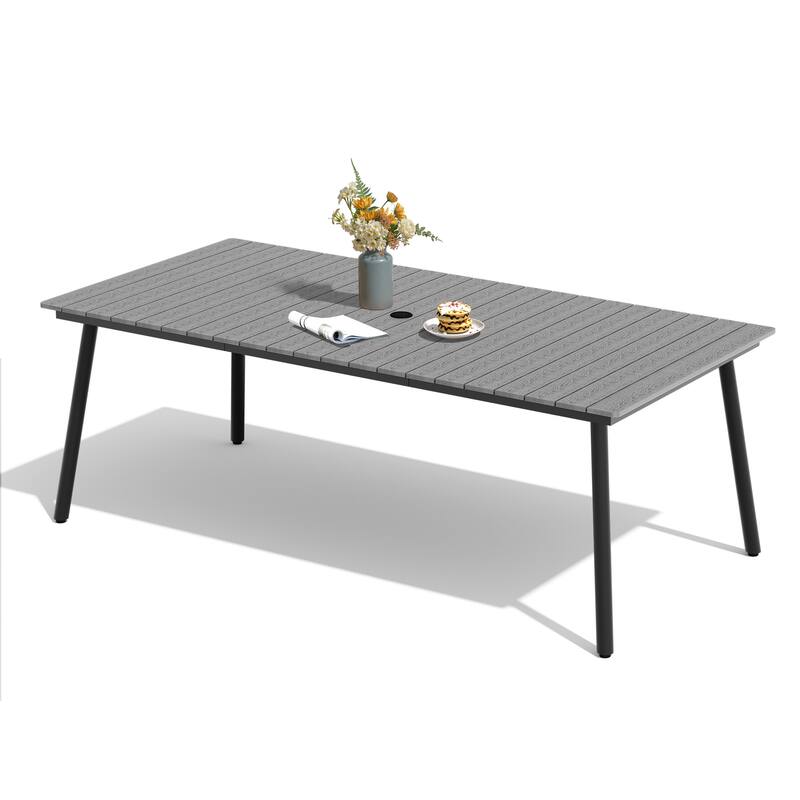82.7in Outdoor Patio Rectangle Aluminum Wood-Like Dining Table with Umbrella Hole