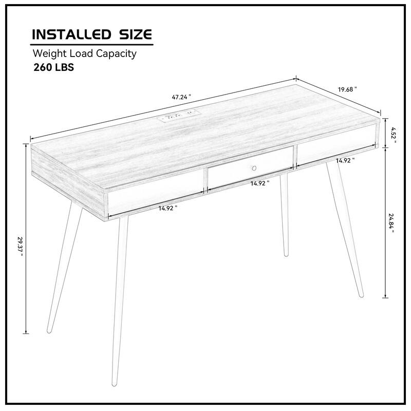 GDF Studio - Mid-Century Writing Desk with USB Ports, Power Outlet & Storage Drawers