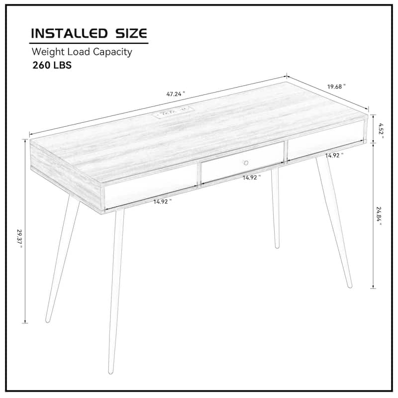 Wooden Desk with USB Ports and Power Outlet, Modern Writing Study Desk with Shelf, Multifunctional Home Office Computer Desk
