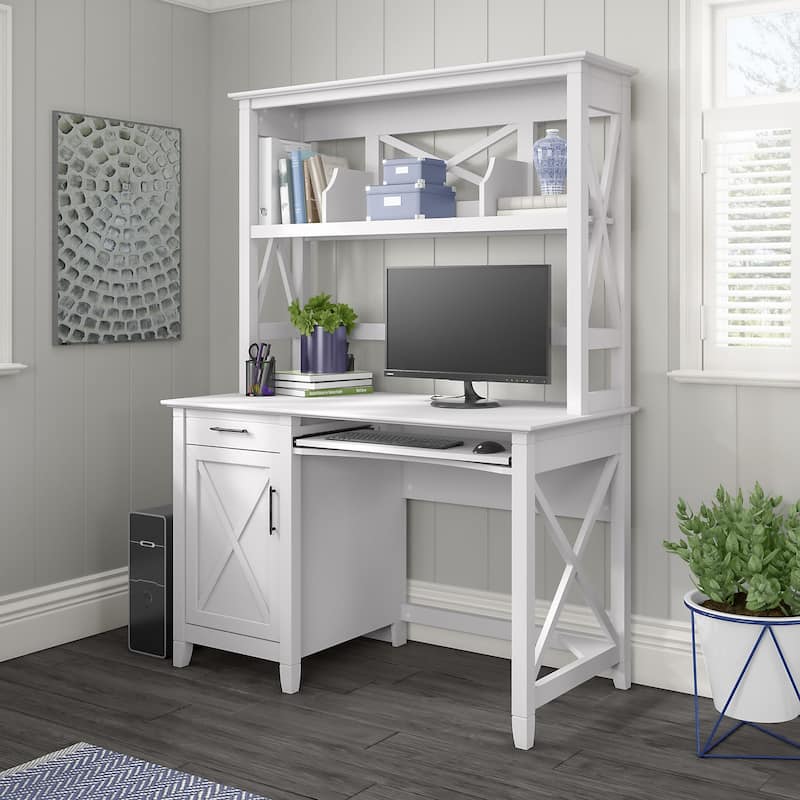 Key West 48W Small Computer Desk with Hutch by Bush Furniture - Pure White Oak