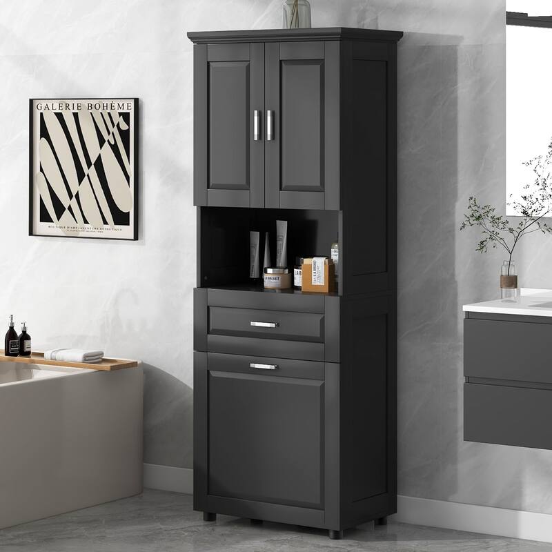 Freestanding Tall Bathroom Double Door Storage Cabinet with Removable Laundry Basket, Open Shelf, Drawer and Adjustable Shelf