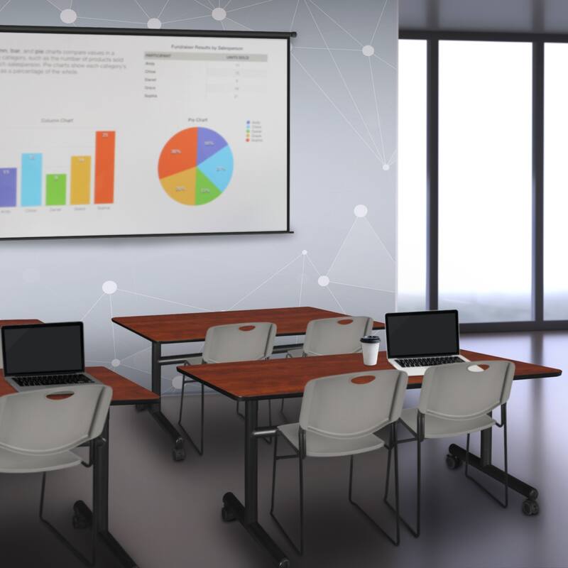 48" x 30" Flip Top Mobile Training Table- Cherry and 2 Stack Chairs- Grey