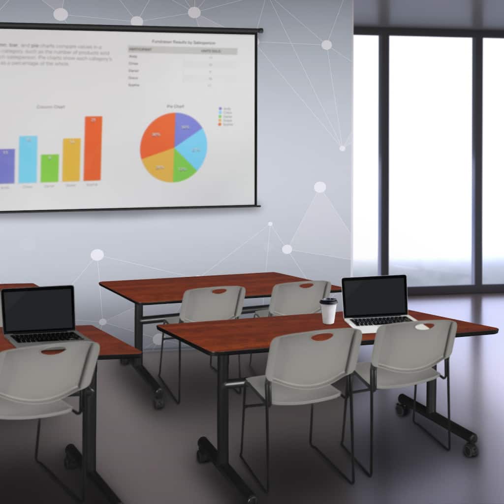 48" x 30" Flip Top Mobile Training Table- Cherry and 2 Stack Chairs- Grey