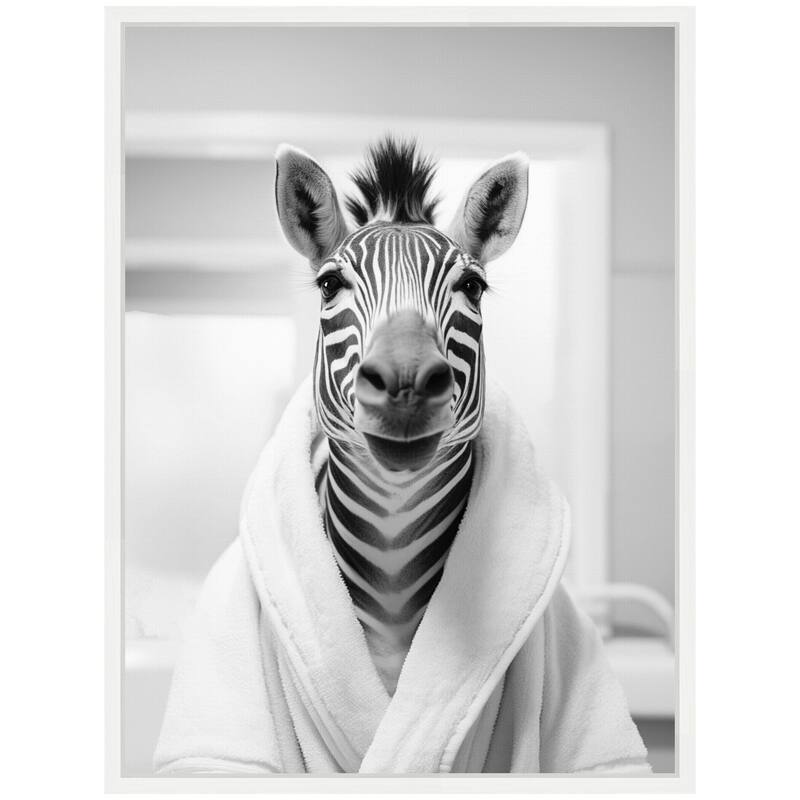 Kate and Laurel Sylvie Zebra Bathroom Art Towel Robe Black and White Framed Canvas by The Creative Bunch Studio