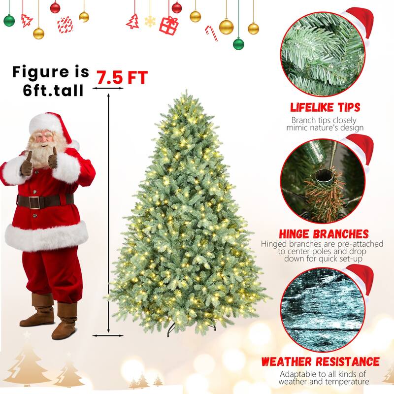 7.5FT Blue-Green Tint Pre-Lit Christmas Tree with 800 Warm White LED Lights-2908 PE+PVC Tips,Hinged Branches,Sturdy Metal Stand
