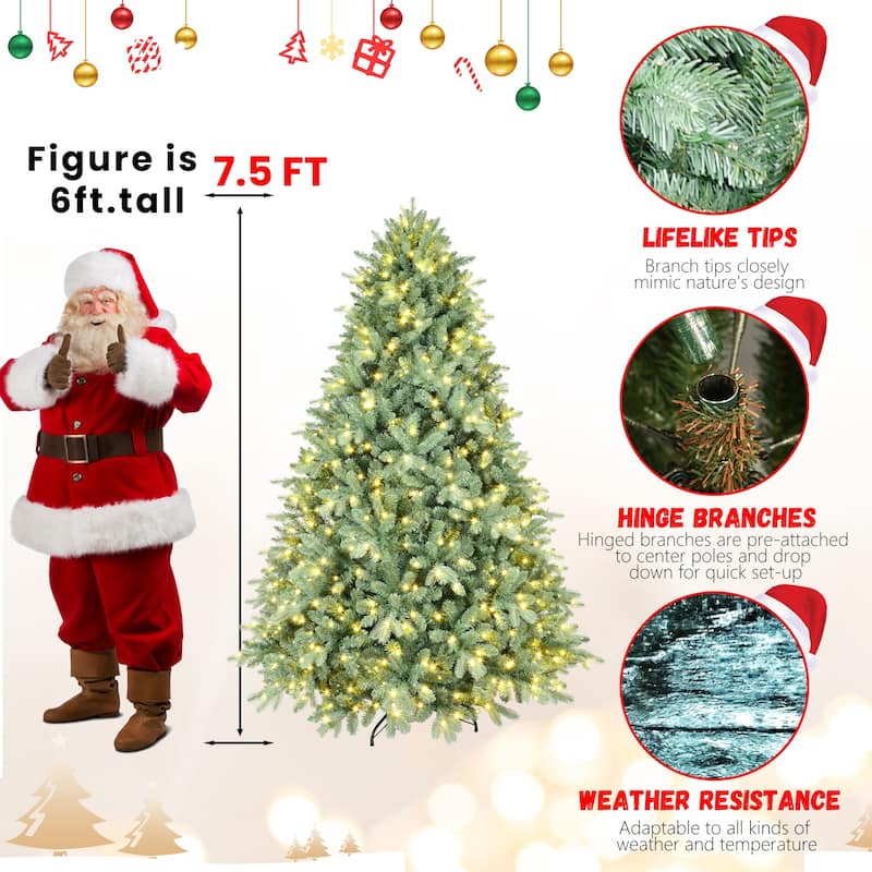 8FT Blue-Green Tint Pre-Lit Christmas Tree with 900 Warm White LED Lights - 3308 PE+PVC Tips, Hinged Branches,Metal Stand