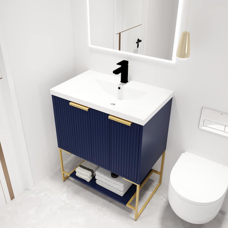 Malwee 24"/30"/48" FreeStanding Bathroom Vanity, Floor Stand Bathroom Vanity with Resin Top,Soft Close Door & Drawer - 29.5×18.1×35 - Navy Blue