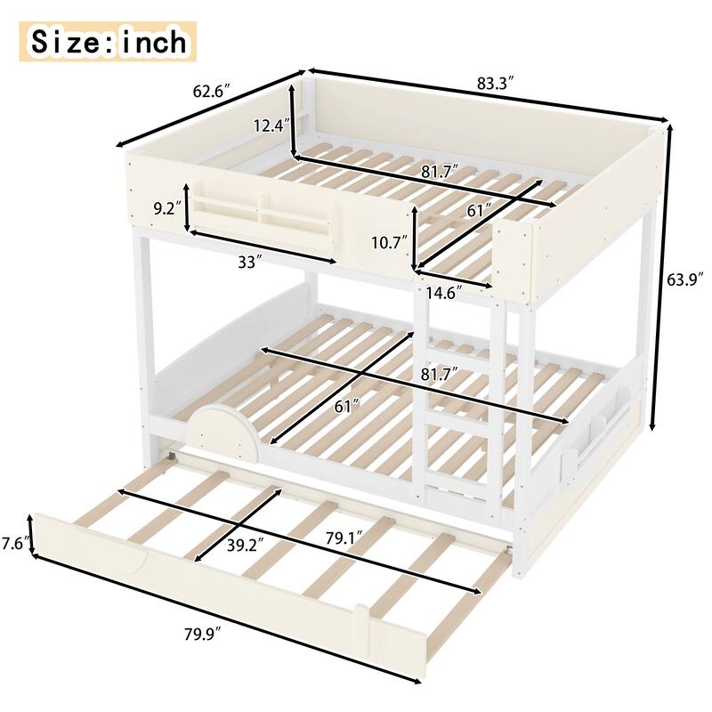 Kids Bed Wooden Bunk Bed with Trundle and Built-in Storage Bookshelves