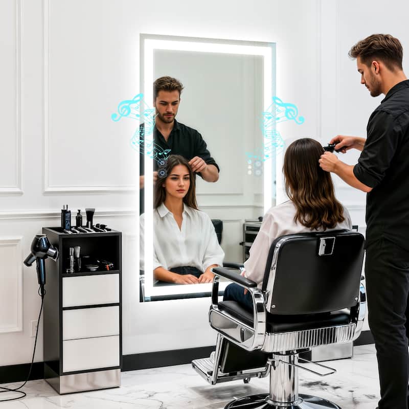 Rectangle Illuminated Bluetooth Bathroom Smart Tempered Glass Vanity Mirror with Double NdFeB Speakers