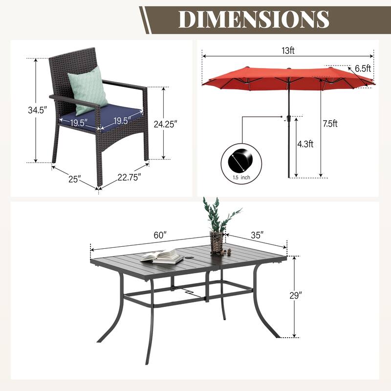 MAISON ARTS 7/8 Pieces Outdoor Patio Dining Set, 6 PE Rattan Chairs with Cushions and 1 Rectangle Metal Table