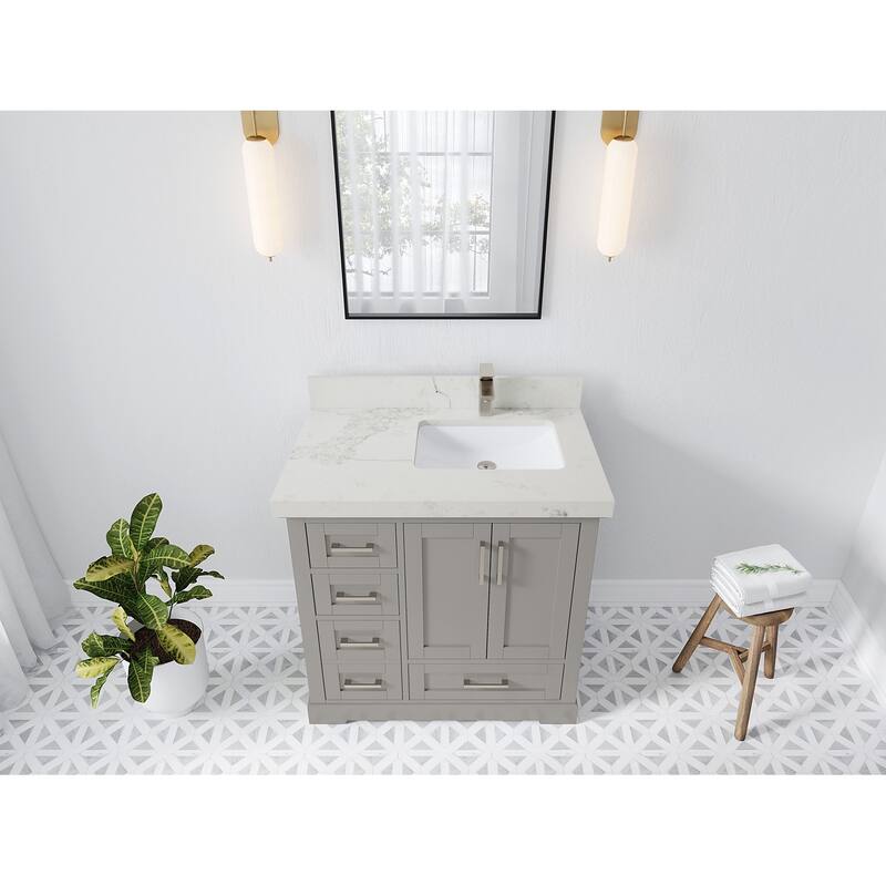 Willow Collections 36 x 22 Boston Right Offset Sink Bathroom Vanity with Quartz or Marble Countertop - 2"Calacatta Nuvo - Elephant Skin Gray