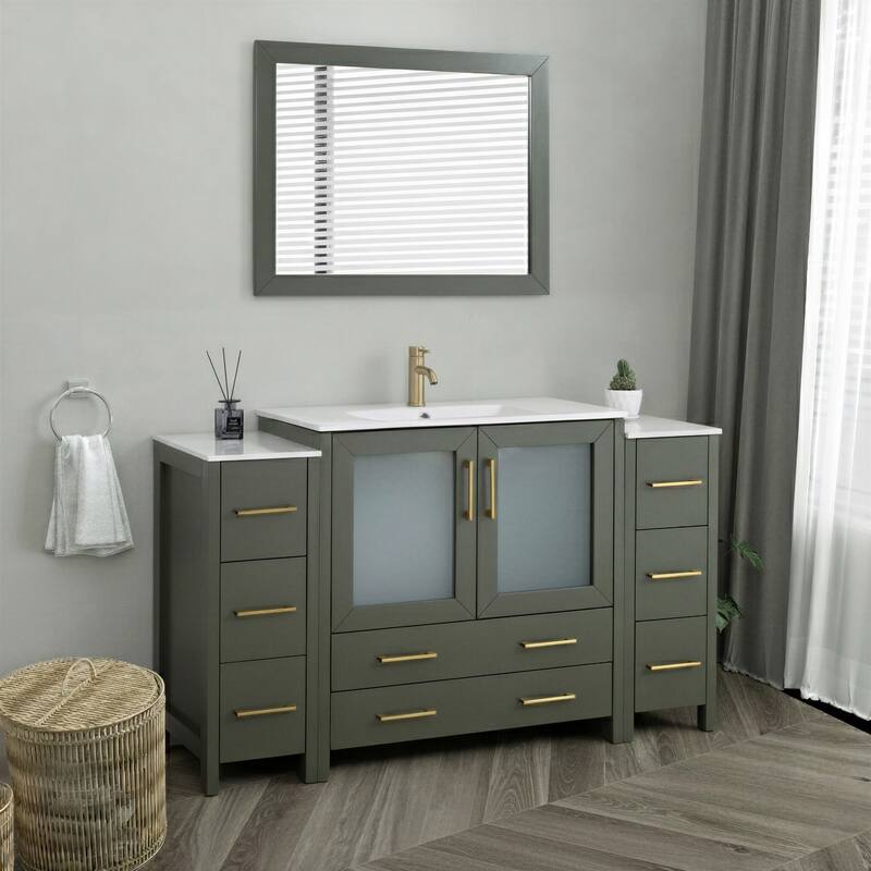 Vanity Art 60-Inch Single Sink Bathroom Vanity Set 8 Dove-Tailed Drawers 3 Cabinets 1 Shelf Soft-Closing Doors with Free Mirror