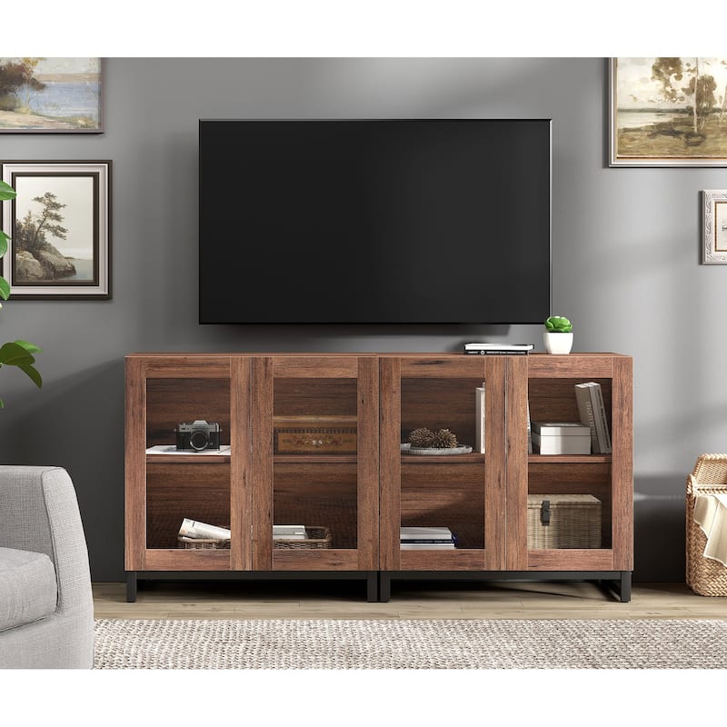 WAMPAT Modern TV Stand with Glass Doors for 110 inch TVs, Entertainment Center Console with Adjustable Shelves and Metal Base