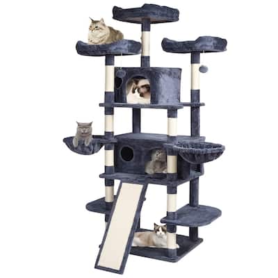 Dark Grey Plush Multi-Level Cat Tree with Condos, Hammocks and Toys