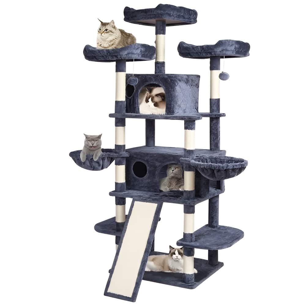 Dark Grey Plush Multi-Level Cat Tree with Condos, Hammocks and Toys