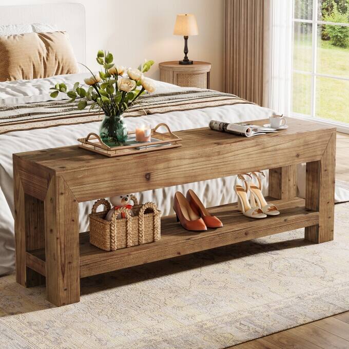 47.24" Solid Wood Entryway Bench with Open Shelves