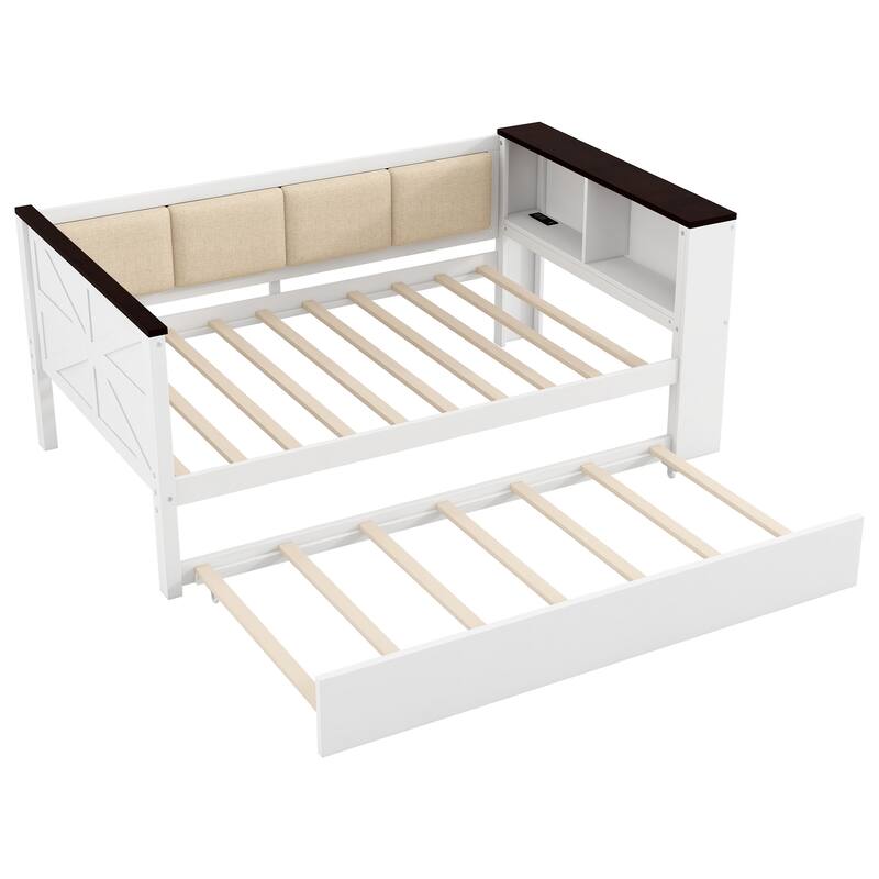 GDFStudio - Modern Wooden Twin Daybed with Storage Shelves, USB and Trundle