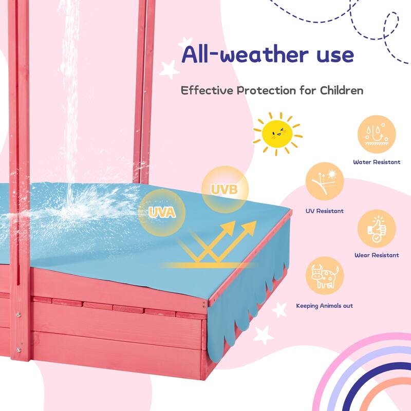 EROMMY Kids Wooden Sandbox with 2 Foldable Bench Seats and Adjustable Canopy Roof