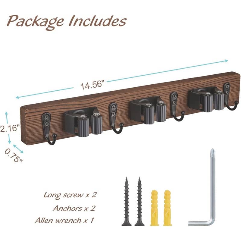 Wood Mop Broom Holder Wall Mount with 3 Slots & 4 Hooks