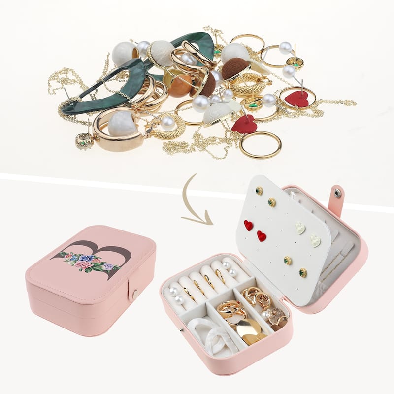 Letter Travel Jewelry Box for Girls Women Gifts, Portable PU Leather Jewelry Organizer Case Storage Display Holder - Pink - B