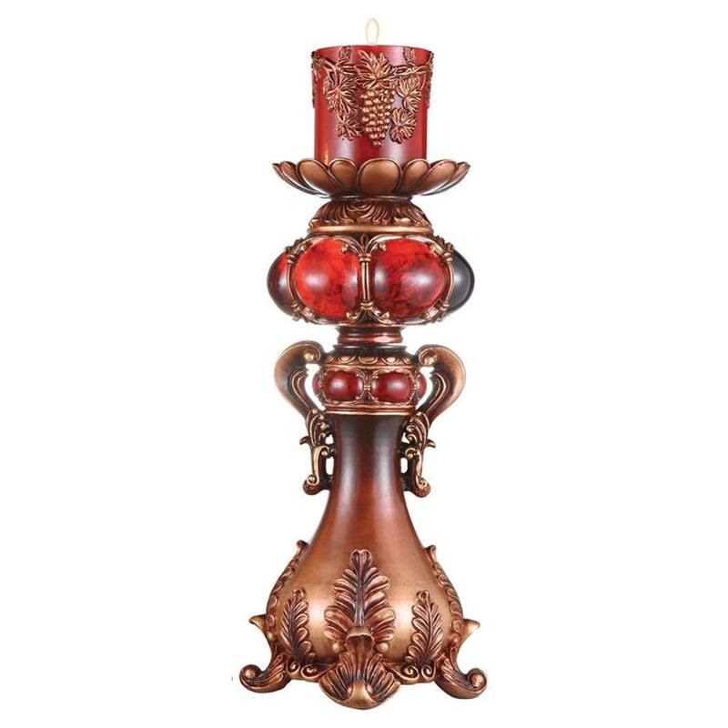 HomeRoots 20" Brown and Red Faux Marble Tabletop Candle Holder and Candle - 8
