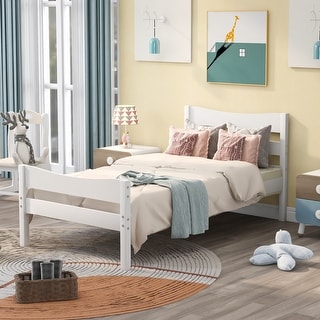 Classic Design Easy to Clean Twin Size Wood Platform Bed with Headboard and Wooden Slat Support