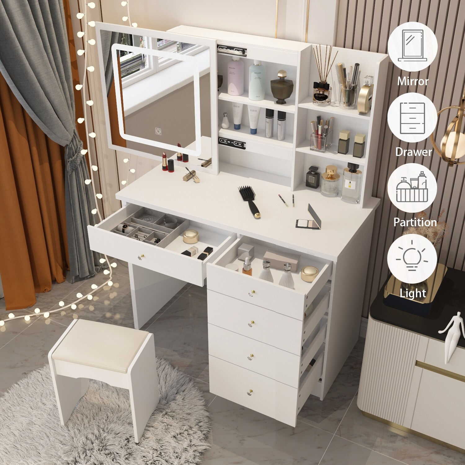 Vanity with shop stool and mirror