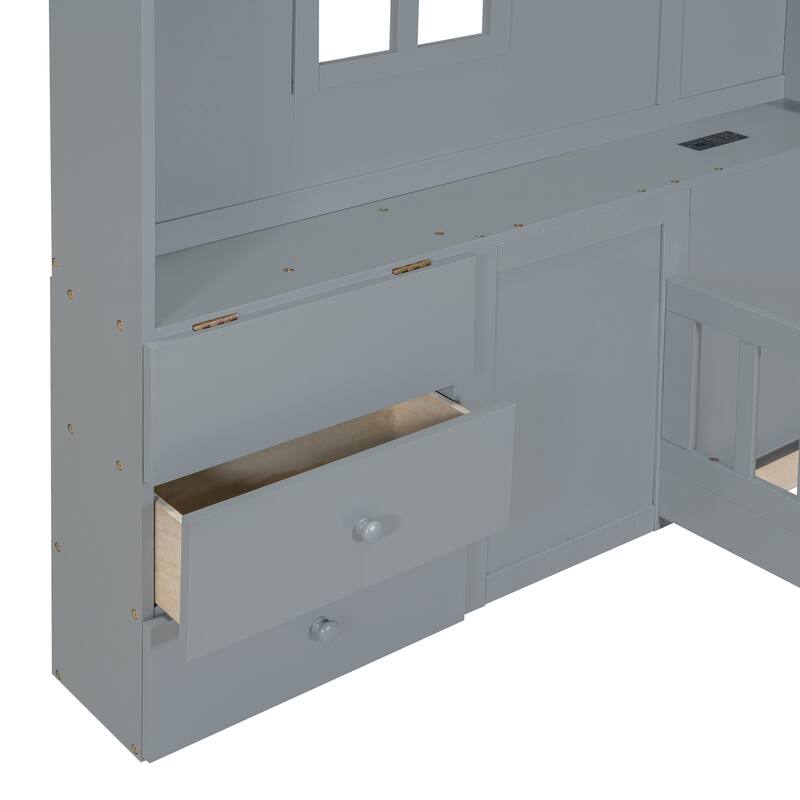 Full Size Wooden House Bed with Bedside Drawers & Shelves, House-Shaped Platform Bed with Power Outlet & USB Port for Kids Teens