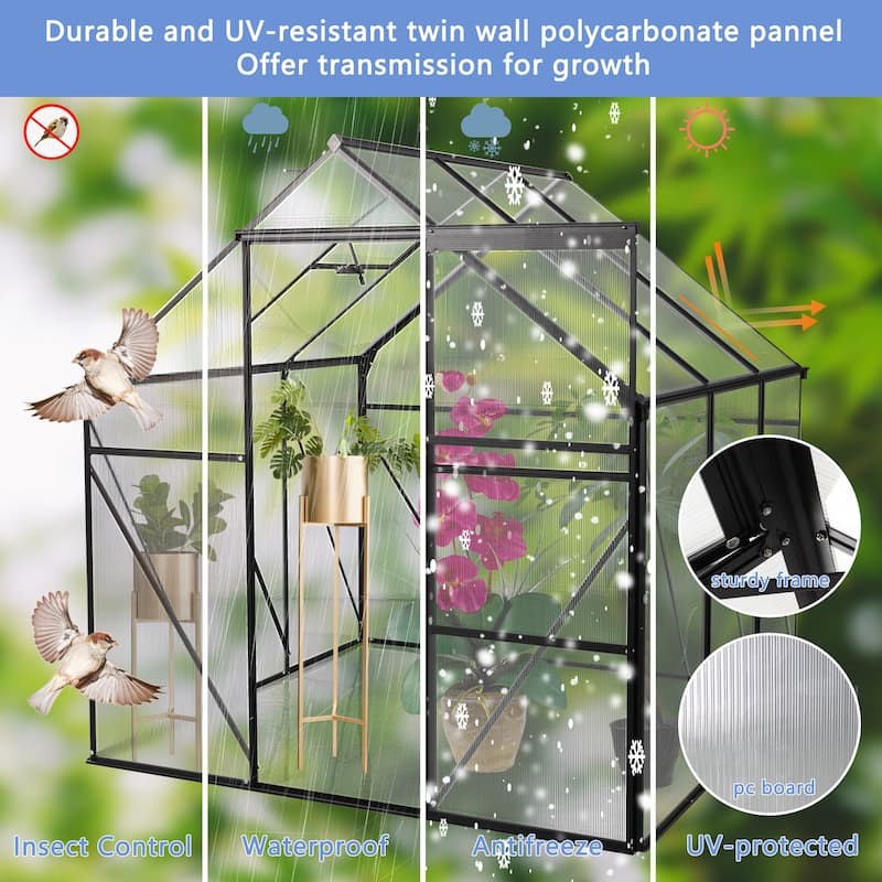 6X6FT-BLACK Polycarbonate Greenhouse Raised Base and Anchor Aluminum Heavy Duty Walk-in Greenhouses in All Season