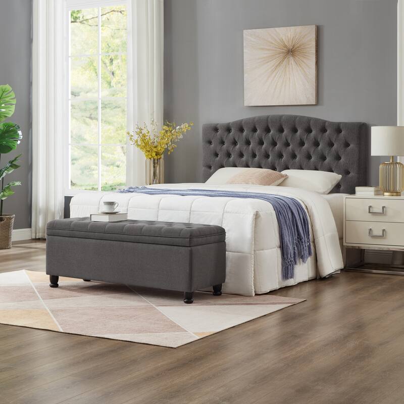 Bedroom End of Bed Bench with Spindle Wood Legs, Upholstered Decorative Stool Elegant Storage Bench with Flipping Lid - Dark Gray