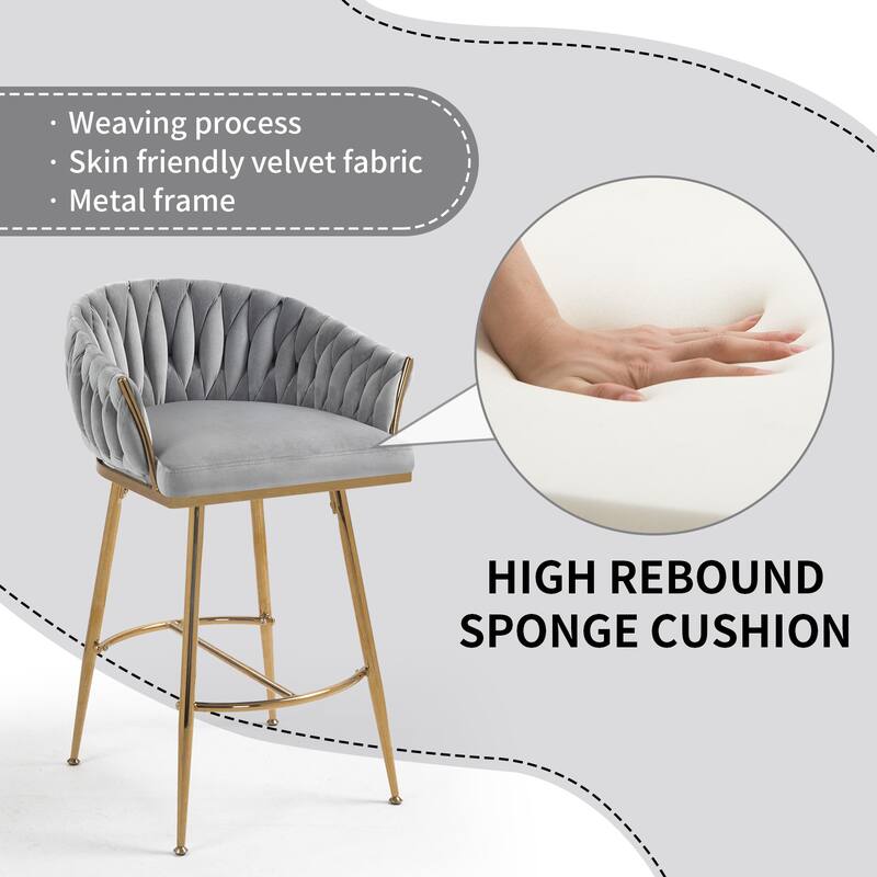 Versatile Counter Height Bar Stools Set of 2 Velvet Armchairs with Wave Braided Curved Back, Golden Chromed Legs and Footrest
