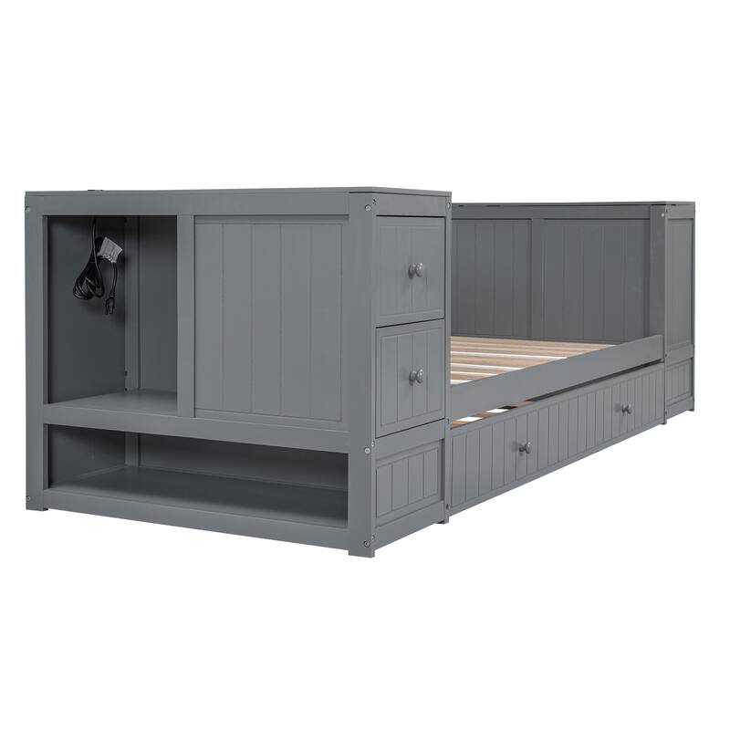 Twin Size Daybed with Storage, Trundle, and Charging Station in Gray