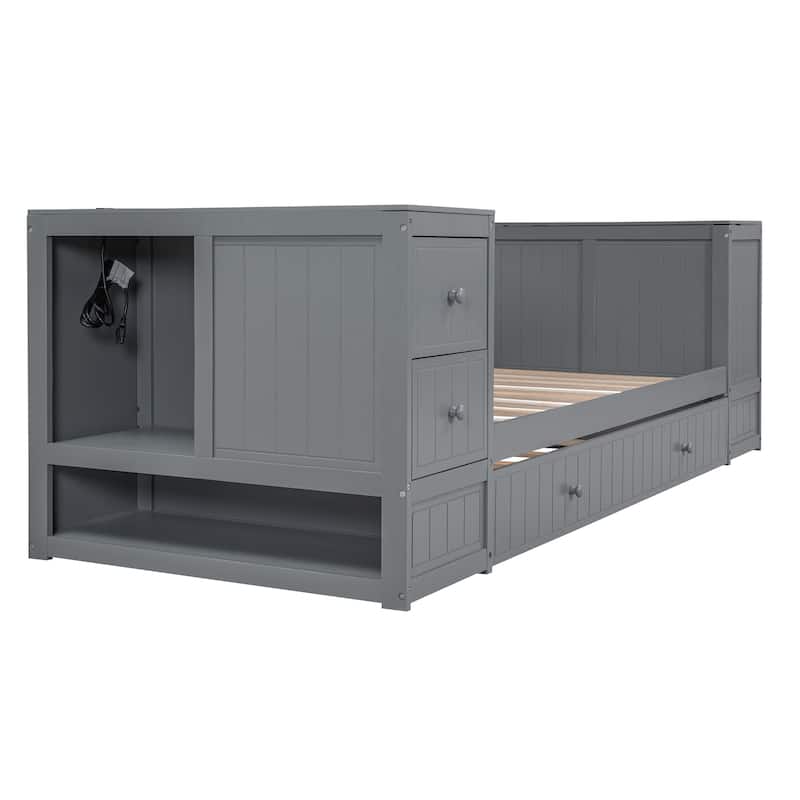 Wooden Bed Frame Low-Profile Daybed with Storage Arms and Charging Station, Trundle Bed with Wood Slat for Bedroom/Apartment